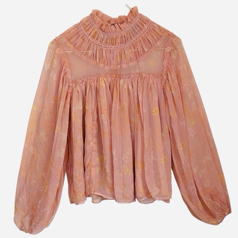 French Connection Pink Floral Sheer Ruffle Mock Neck Boho Blouse Small